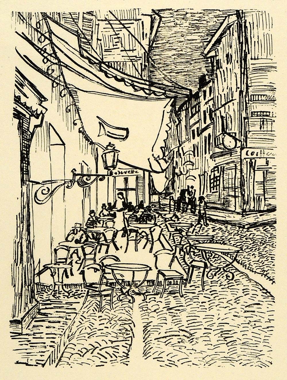 1920 Wood Engraving Vincent Van Gogh Artwork Outdoor Dining Cafe Arles XDA7