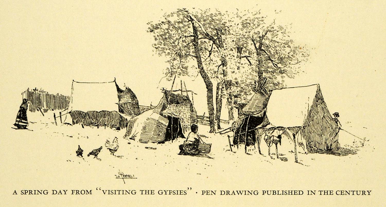1925 Wood Engraving Spring Day Visiting Gypsies Joseph Pennell Philadelphia XDA8