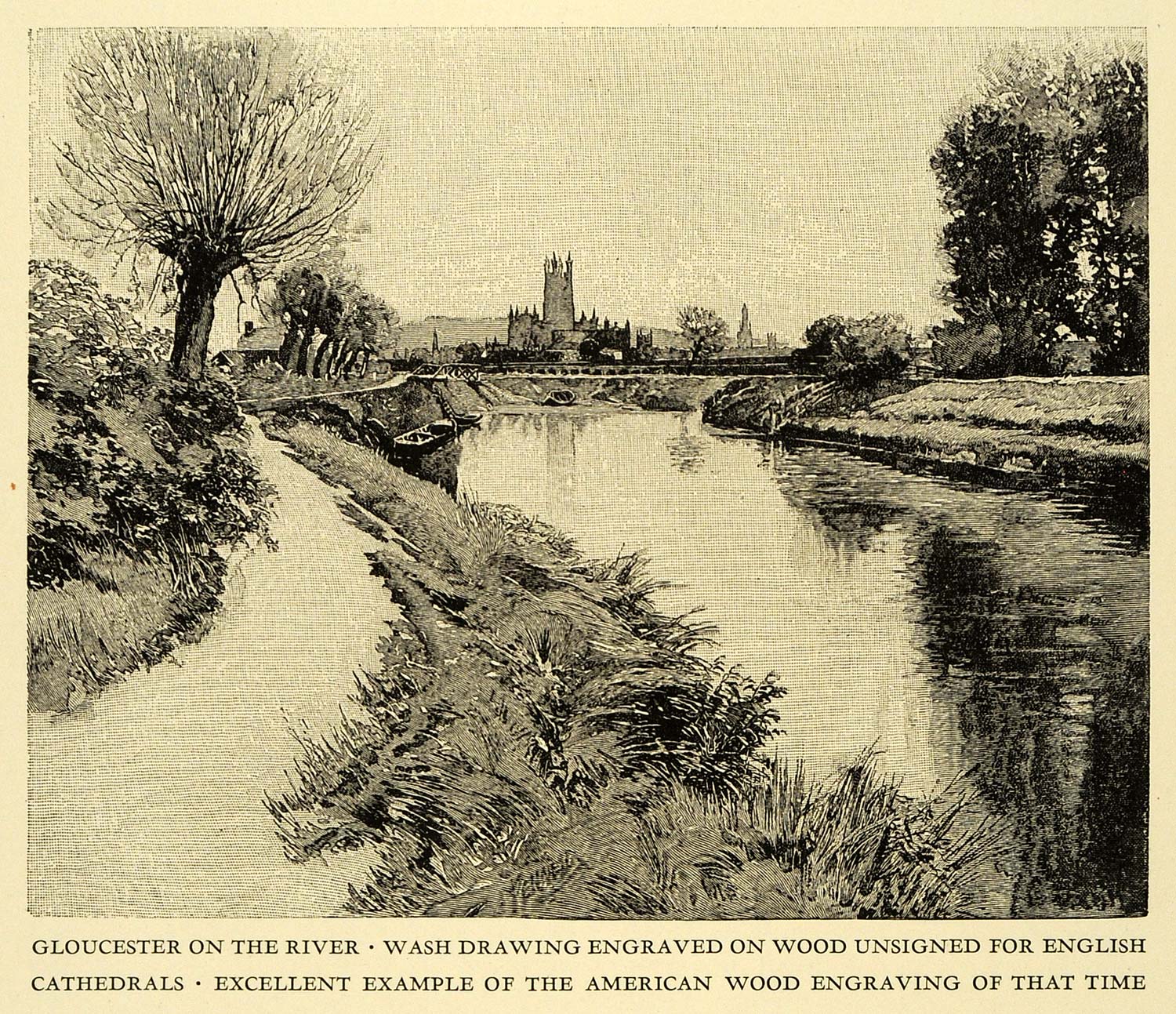 1925 Wood Engraving Gloucester River Cathedrals England Joseph Pennell