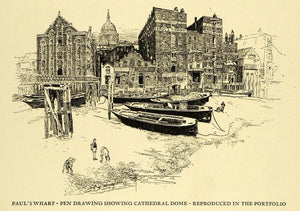 1925 Wood Engraving Pauls Wharf London England Joseph Pennell River City XDA8
