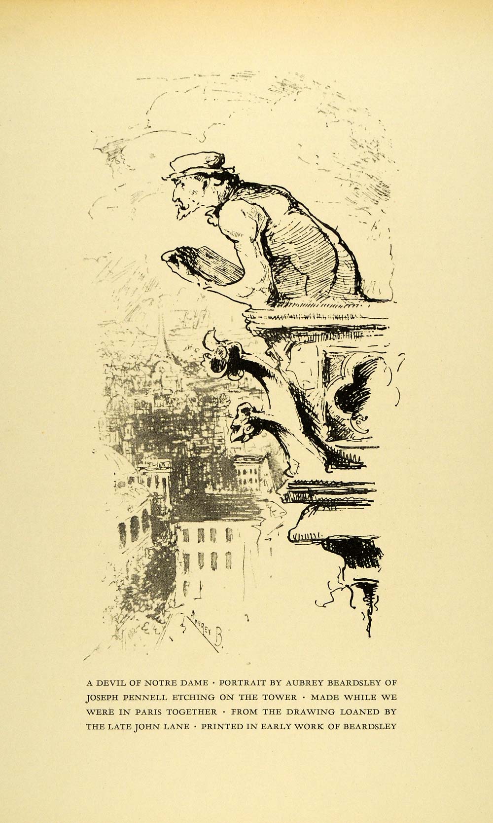 1925 Wood Engraving Notre Dame Portrait Aubrey Beardsley Tower Paris XDA8