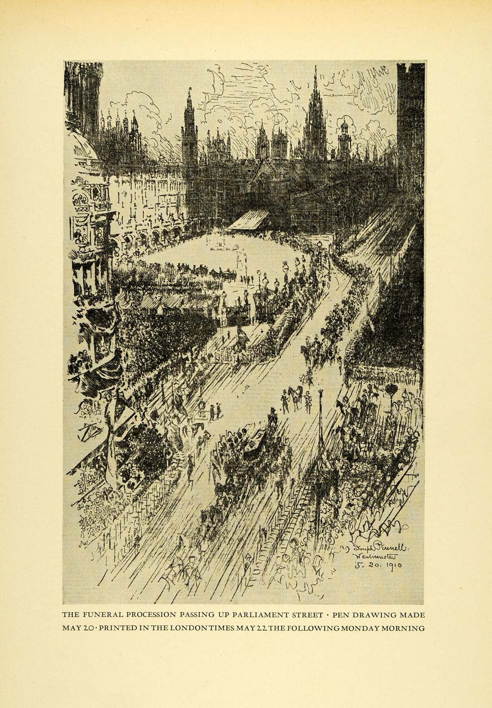 1925 Print Funeral Procession Parliament London Joseph Pennell King Edward XDA8