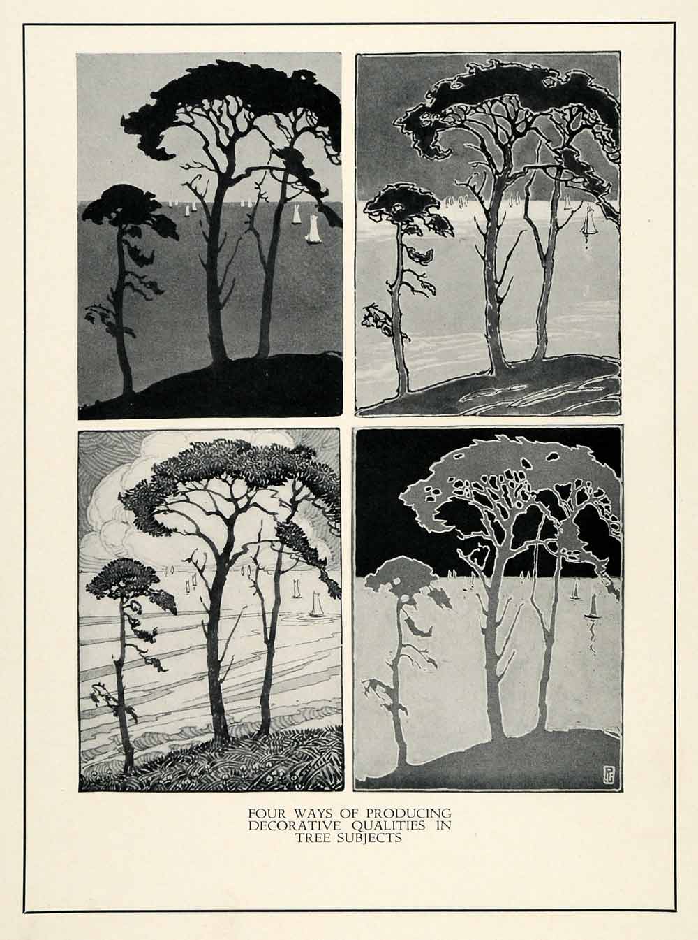 1929 Print Decorative Tree Hill Ocean Boats Shore Illustration Silhouette XDB3