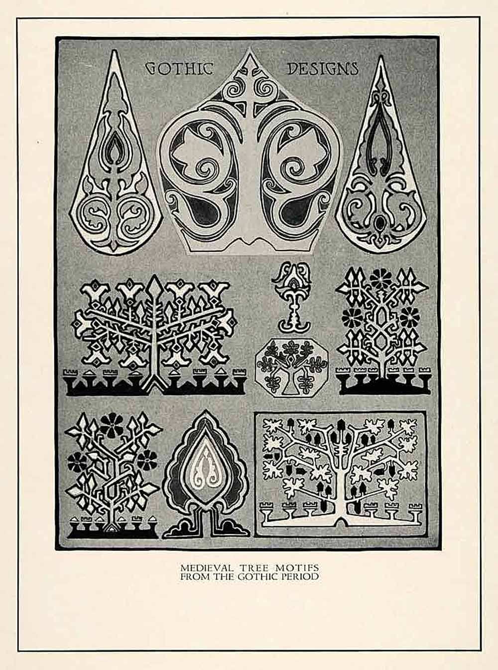1929 Lithograph Medieval Tree Motifs Gothic Design Decoration Illustration XDB3
