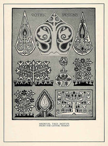 1929 Lithograph Medieval Tree Motifs Gothic Design Decoration Illustration XDB3