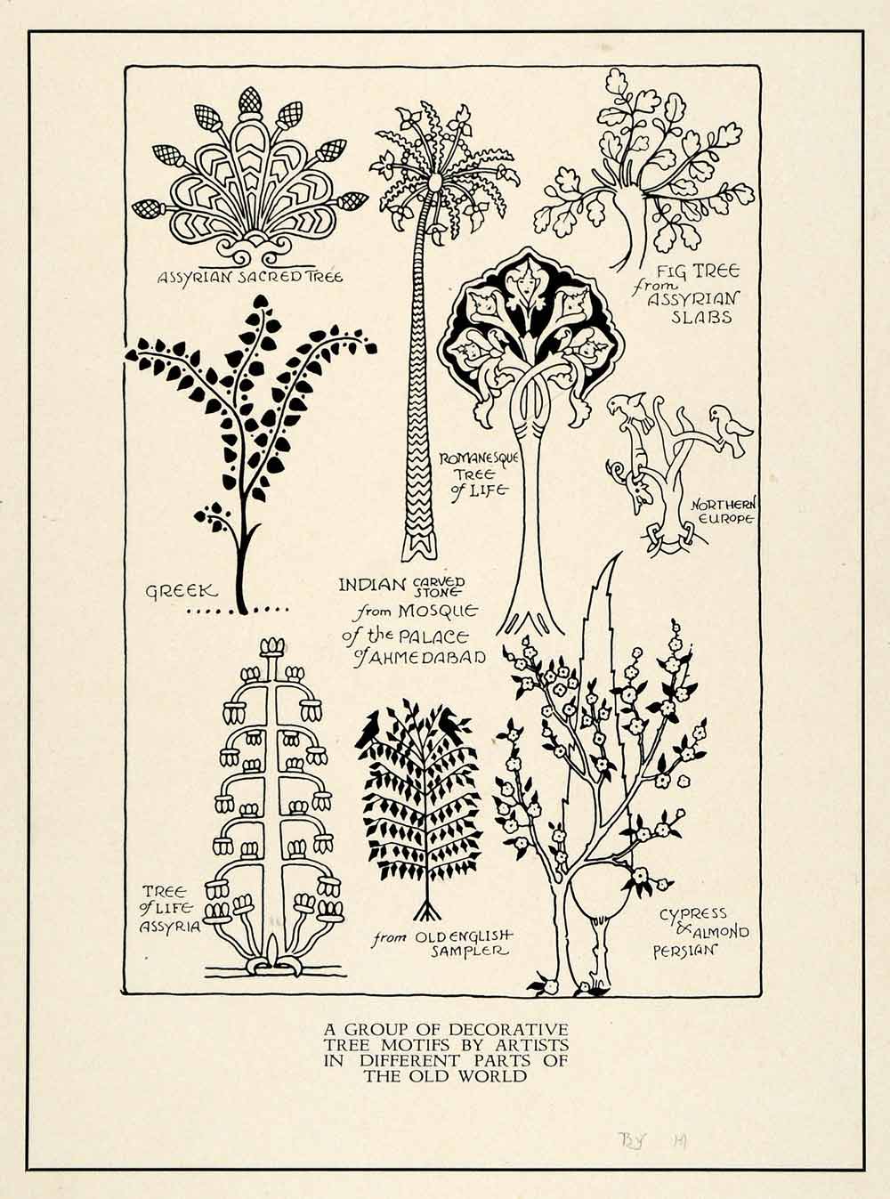 1929 Lithograph Decorative Tree Motifs Leaf Design Illustration Silhouette XDB3