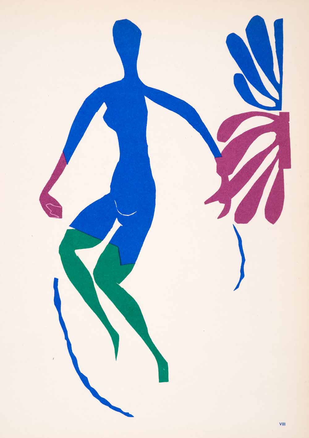 1969 Lithograph Henri Matisse Blue Nude Woman Green Stockings Paper Cutout Art