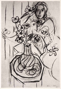1969 Photolithograph Henri Matisse Young Girl with Flowers Sketch Abstract Art