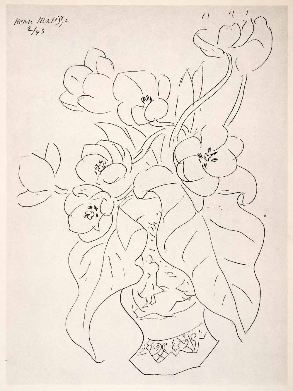 1969 Photolithograph Henri Matisse Art Flowers Vase Botanical Abstract Pen Ink