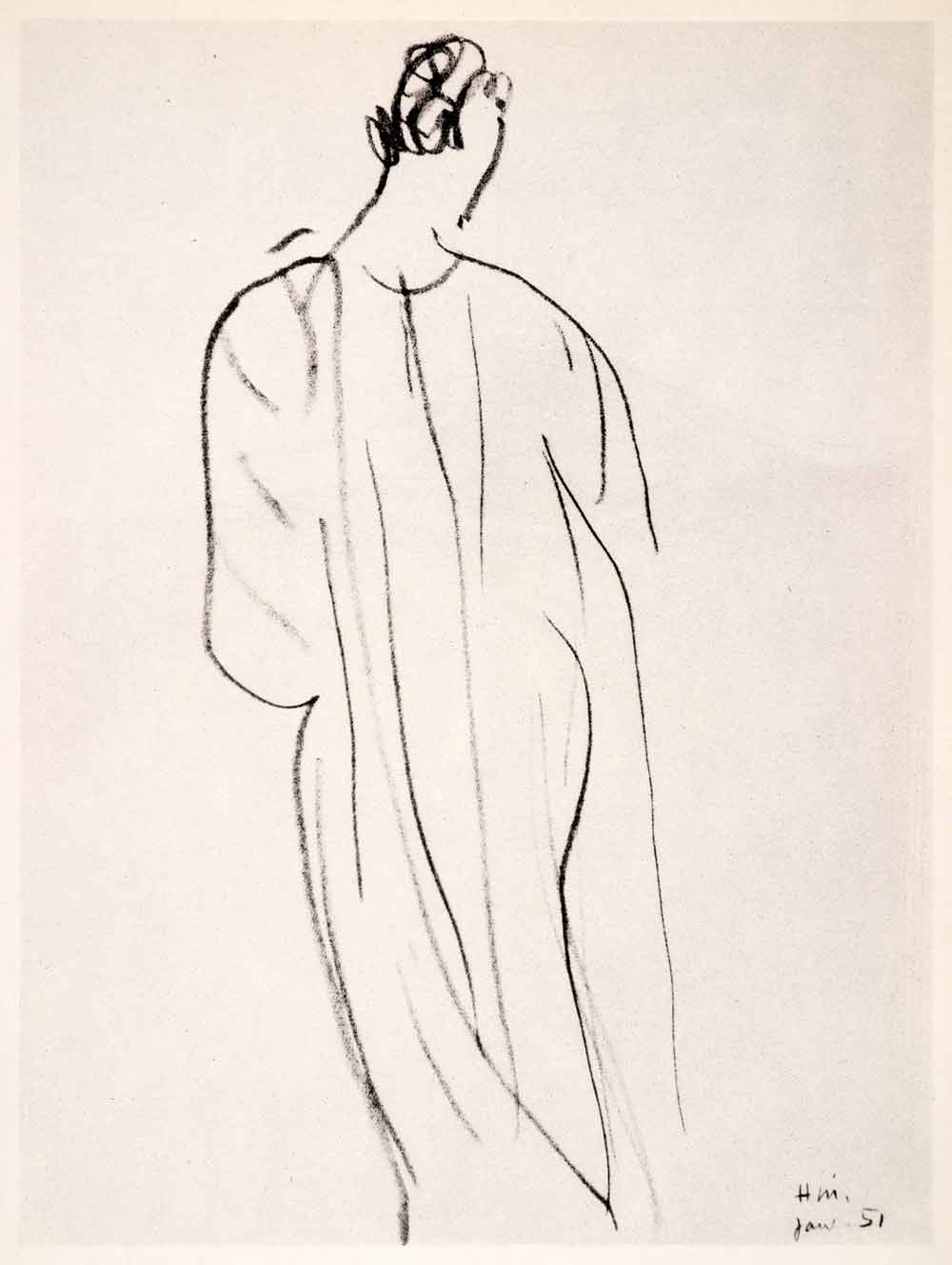 1969 Photolithograph Matisse Art Nude Woman Back Sheer Nightdress Pencil Sketch