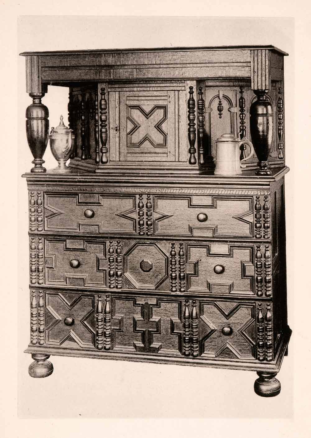 1901 Collotype Panelled Oak Press Cupboard Dresser Colonial America XDB8