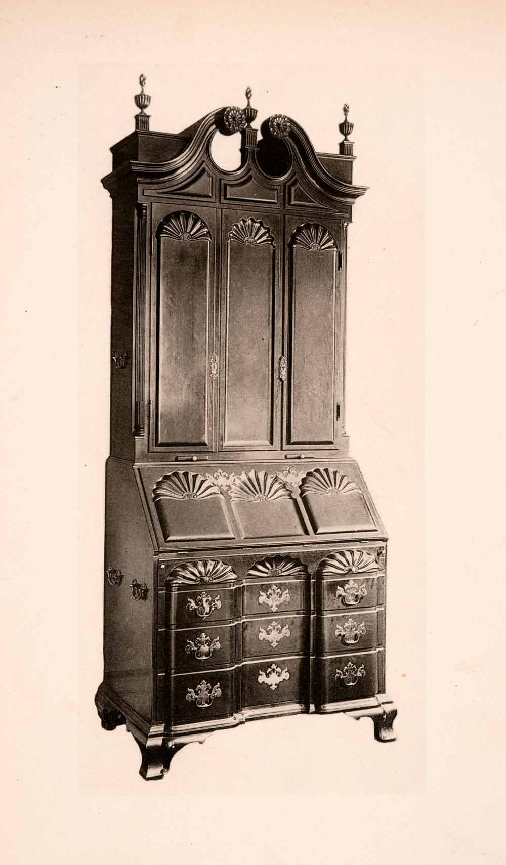 1901 Collotype Block Front Cabinet Scrutoir Furniture Desk Bureau Colonial XDB8