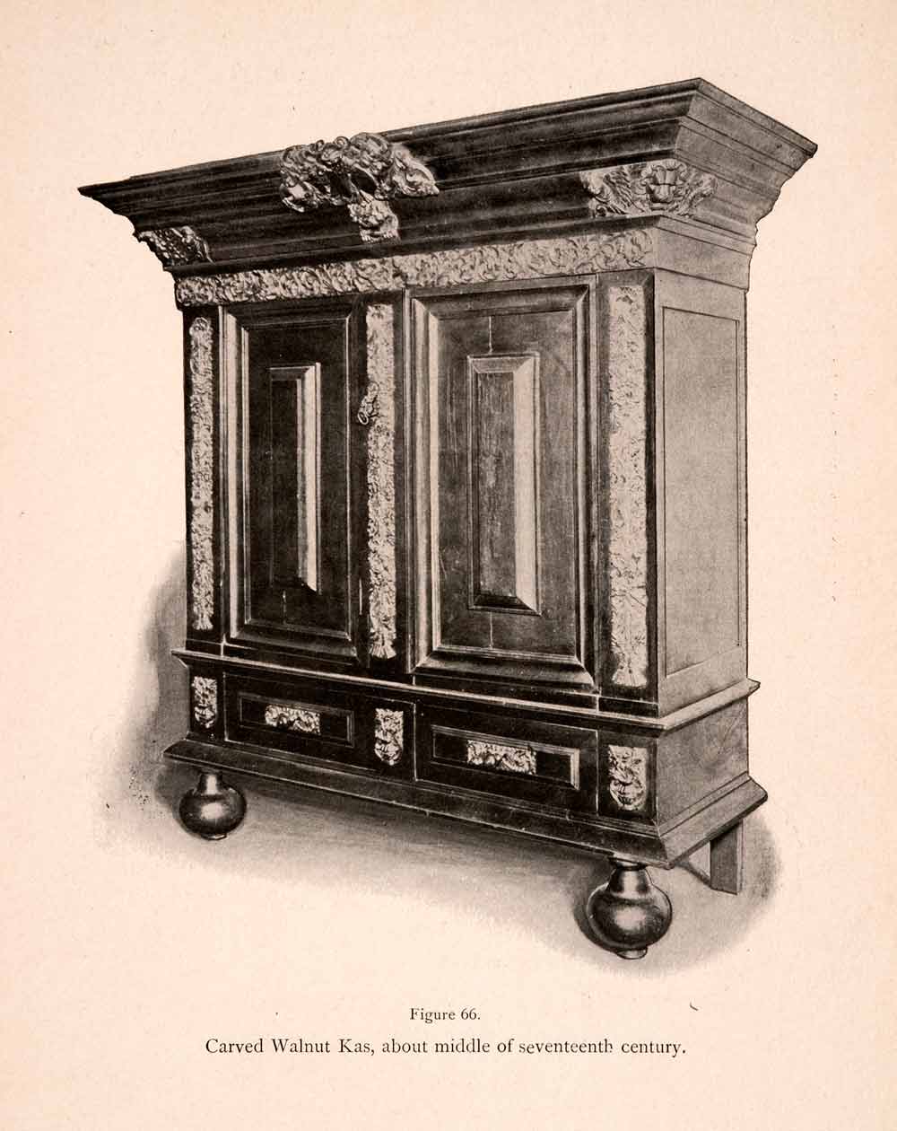 1901 Halftone Print Carved Walnut Kas Wardrobe Dutch Cupboard Furniture XDB8