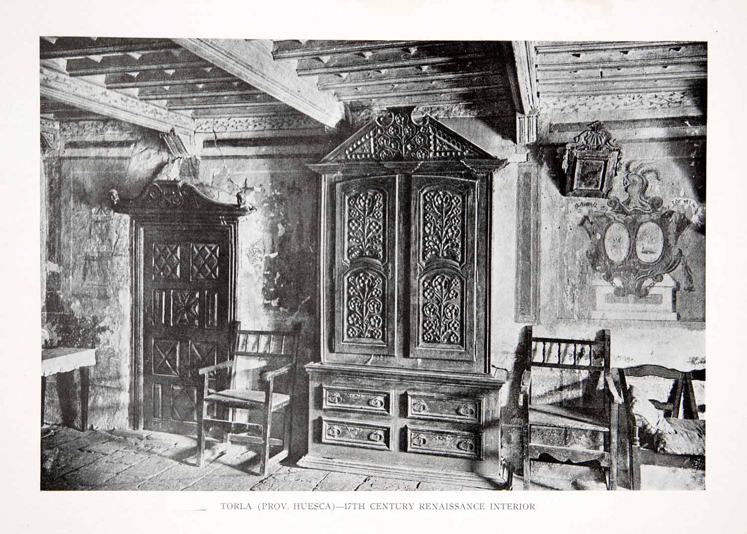 1925 Print Renaissance Interior Wardrobe Furniture Torla Huesca Spain XDC5