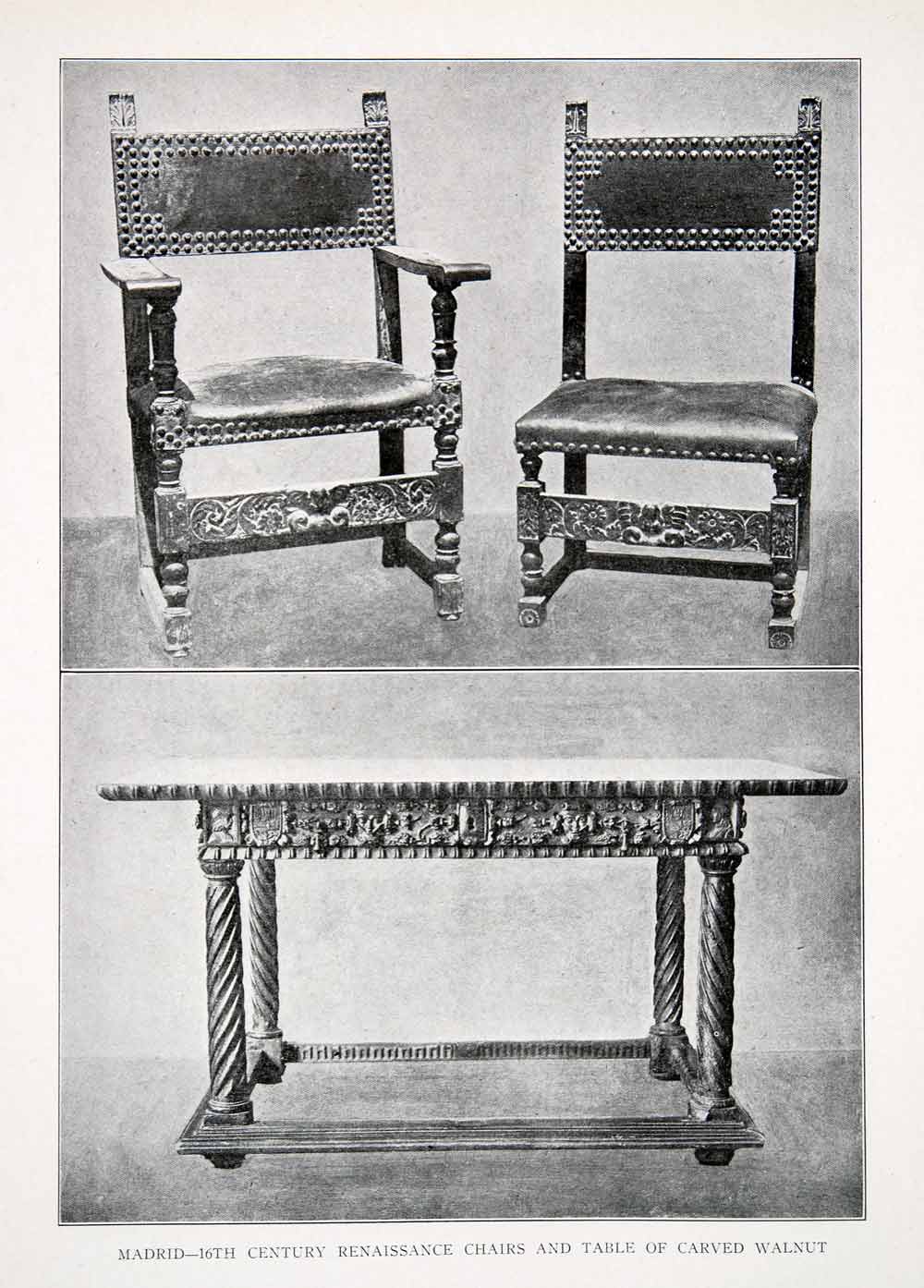 1925 Print Chairs Table Carved Walnut Wood Madrid Spain Renaissance XDC5
