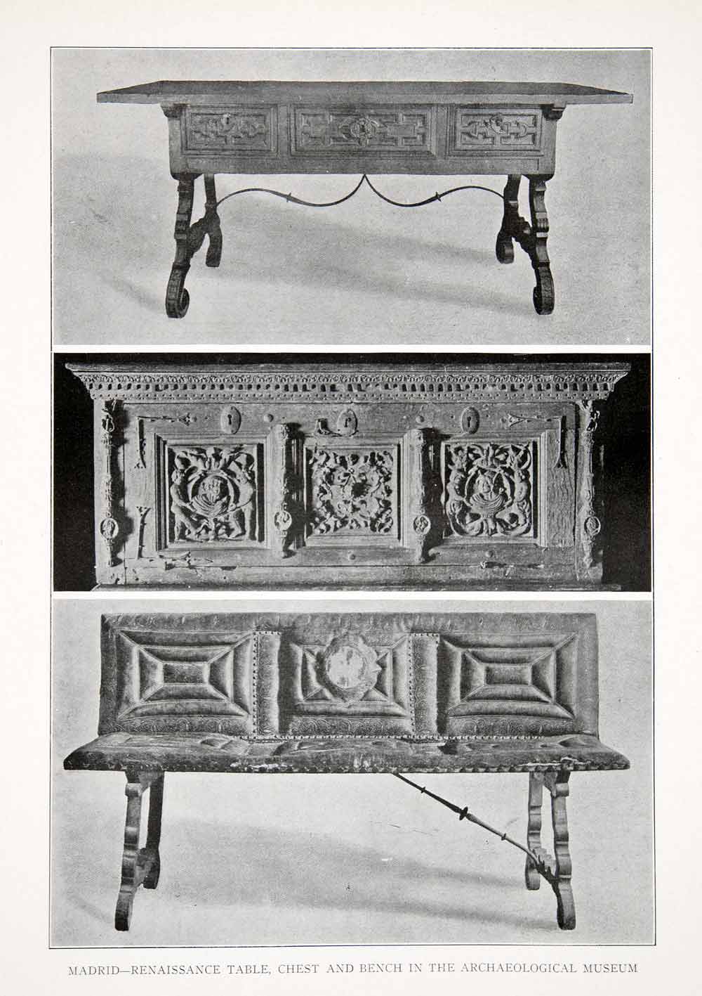 1925 Print Archaeological Museum Renaissance Table Chest Bench Madrid Spain XDC5