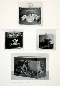 1927 Print English Tea Caddies Painted Flower Pheasant Crest Forest London XDC6