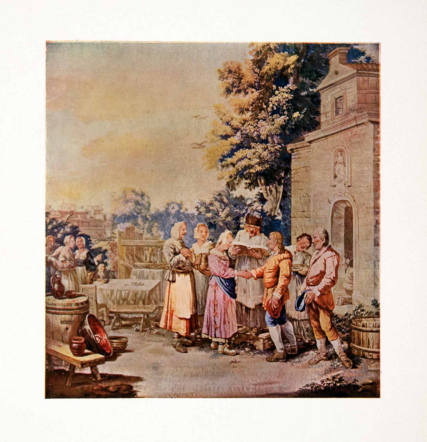 1917 Color Print Flemish Textile Peasant Wedding Royal Tapestry Factory XDC8