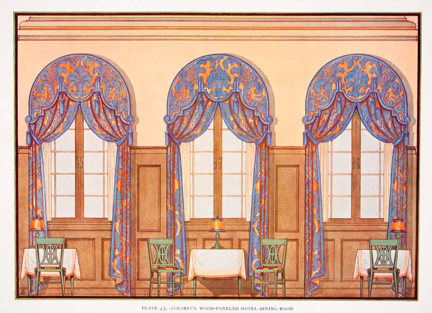 1929 Color Print Hotel Room Valence Curtain Drapes Interior Design Edward XDD4
