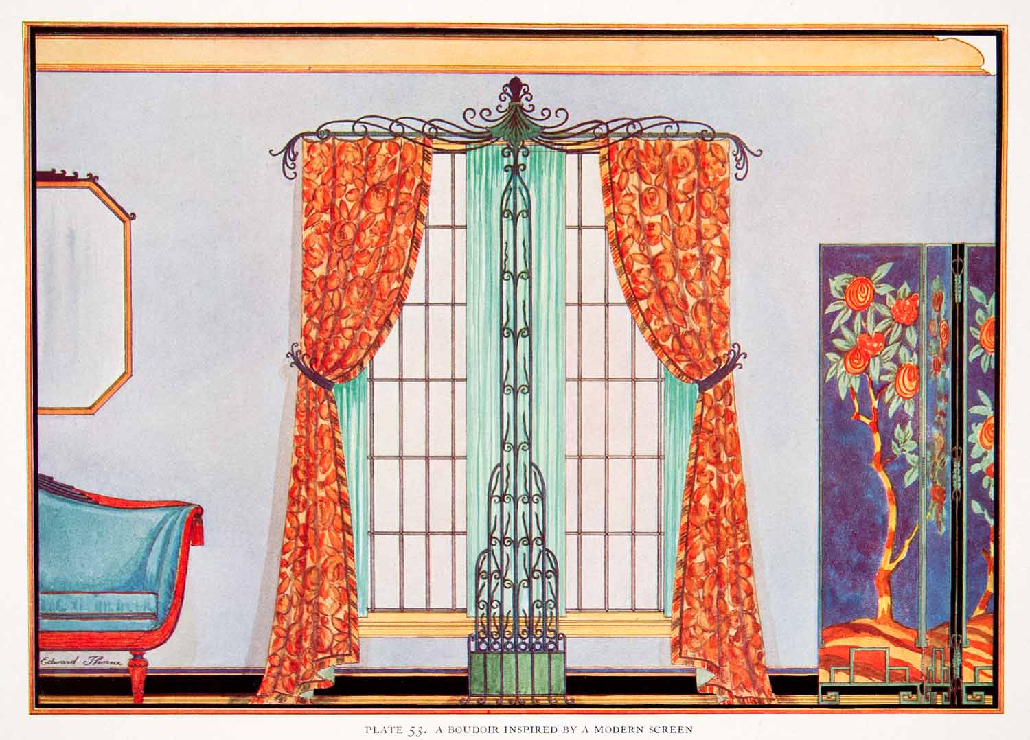 1929 Color Print Boudoir Modern Curtain Drapery Screen Furniture Edward XDD4