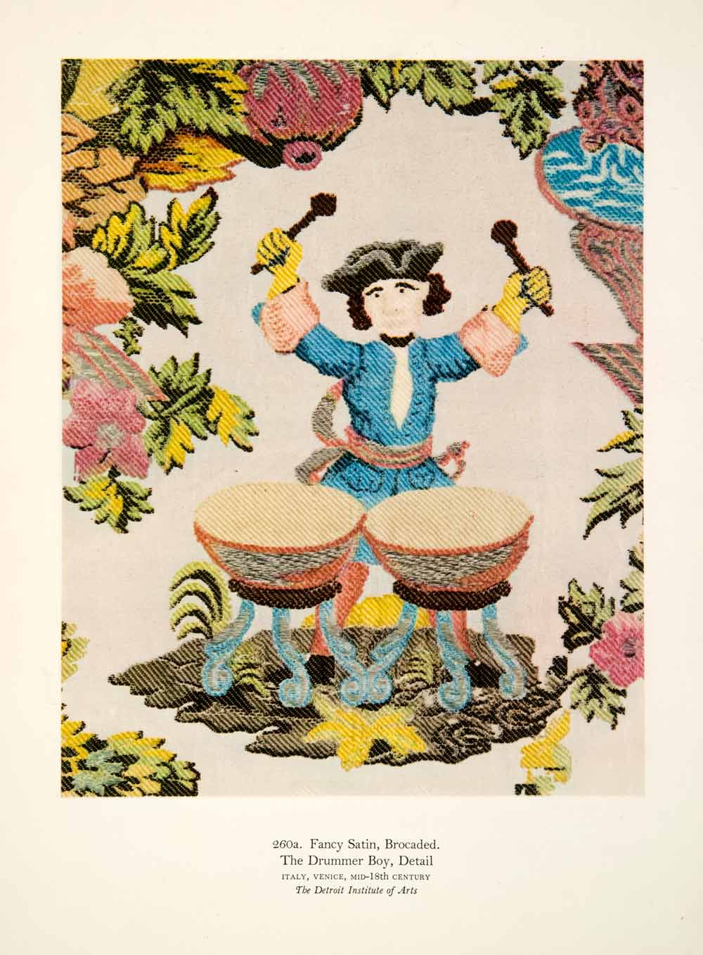1952 Collotype Brocaded Fancy Satin Textile Drummer Boy Italy Venice Fabric XDD7