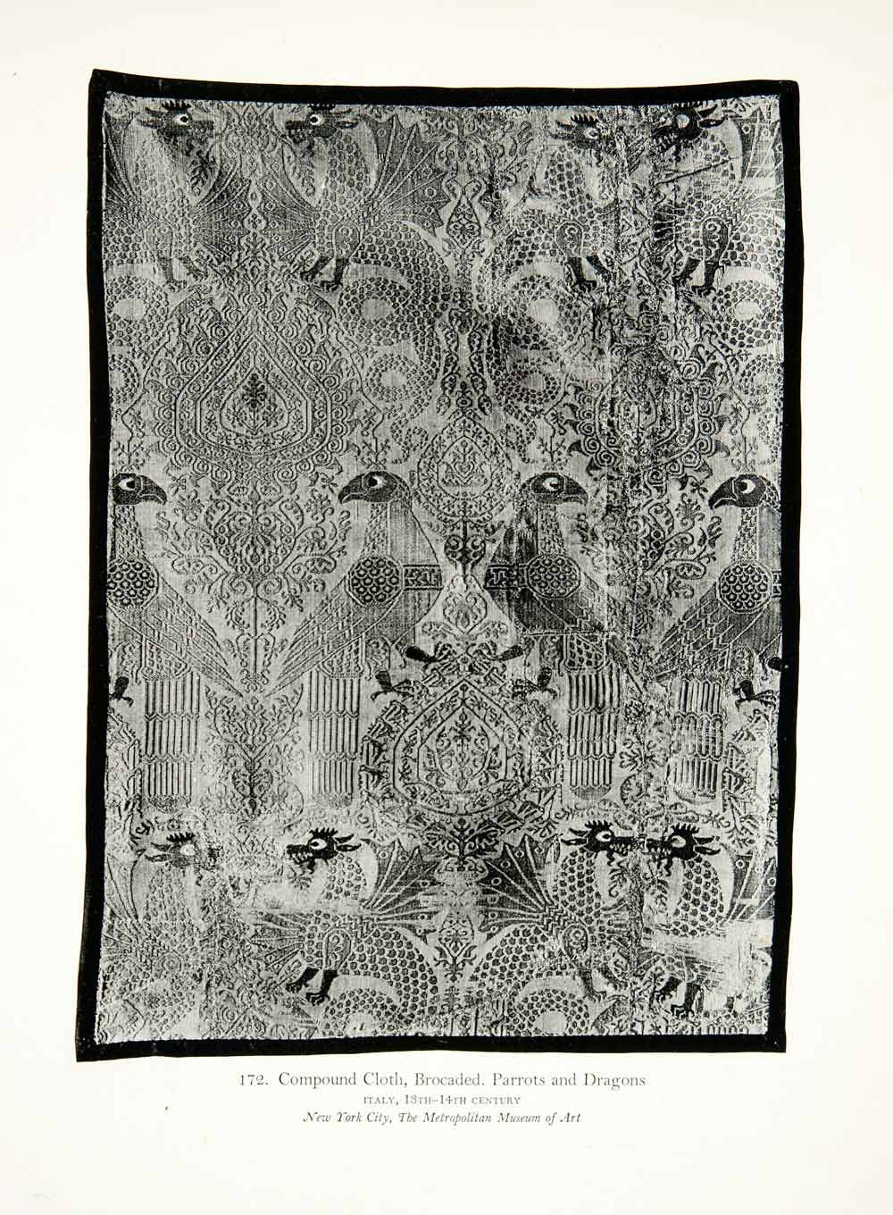 1952 Collotype Brocaded Compound Cloth Textile Parrot Dragon Italy Fabric XDD7 - Period Paper
