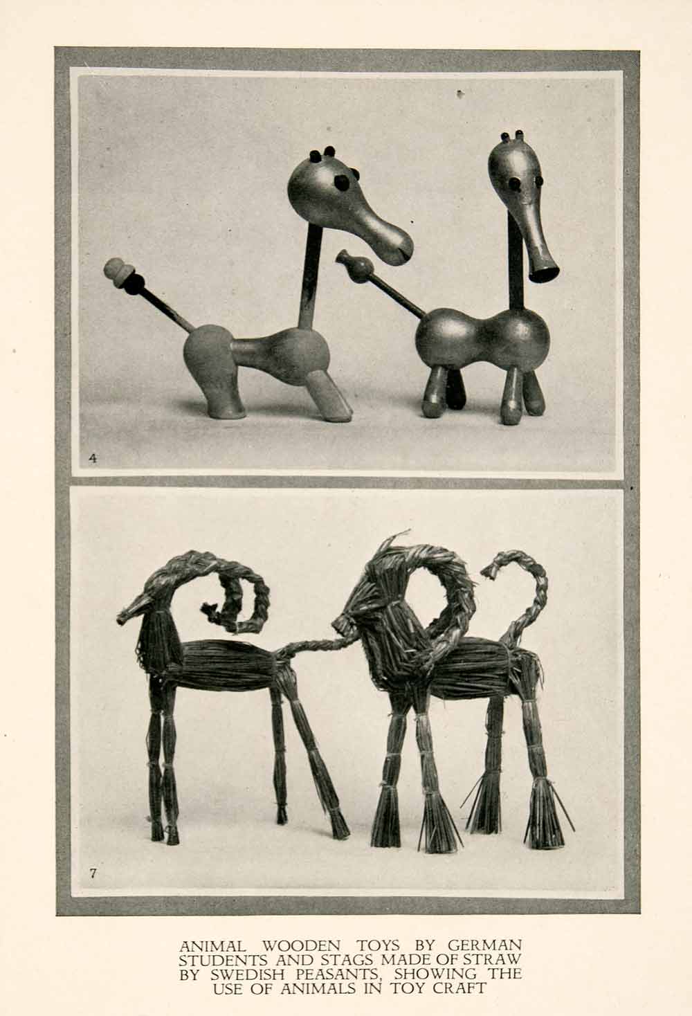 1929 Print German Toy Animal Wood Straw Goat Stag Deer Sweden Wildlife XDE9
