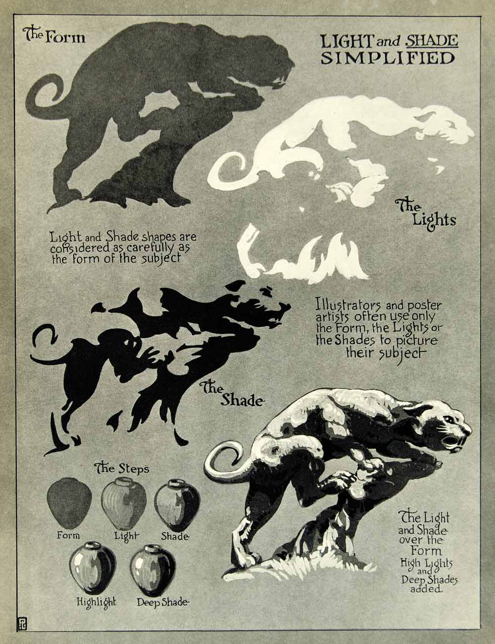 1938 Print Drawing Guide Cougar Dark Contrast Art Shading Form Highlight Detail