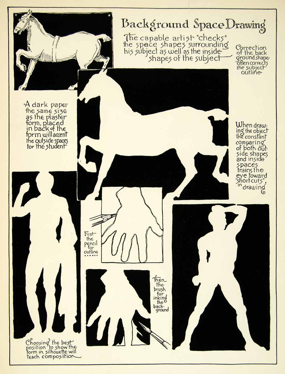1938 Print Negative Space Outline Art Guide Drawing Horse Figure Form Hand Man