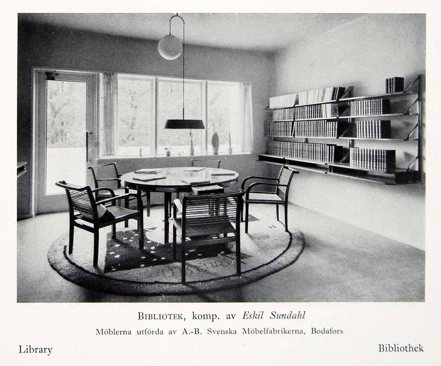 1931 Print Library, Stockholm Sweden Books Bookshelf Lamp Table Rug Windows XDF9