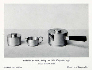 1931 Print Sweden Arts Crafts Movement Pewter Tea Service Set Kettle Cup XDF9
