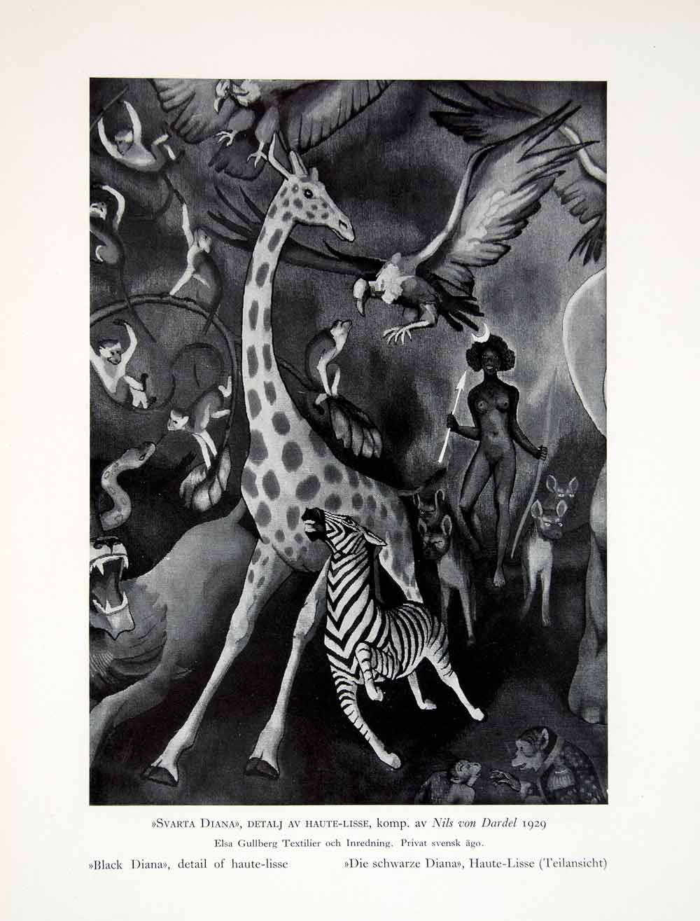 1931 Print Swedish Arts Crafts Movement Haute-lisse Diana Roman Mythology XDF9
