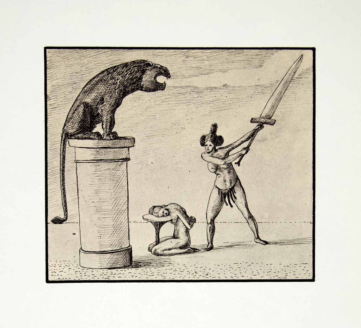 1969 Aquatone Print Alfred Kubin Art Nude Naked Woman Beheading Sword XDG2