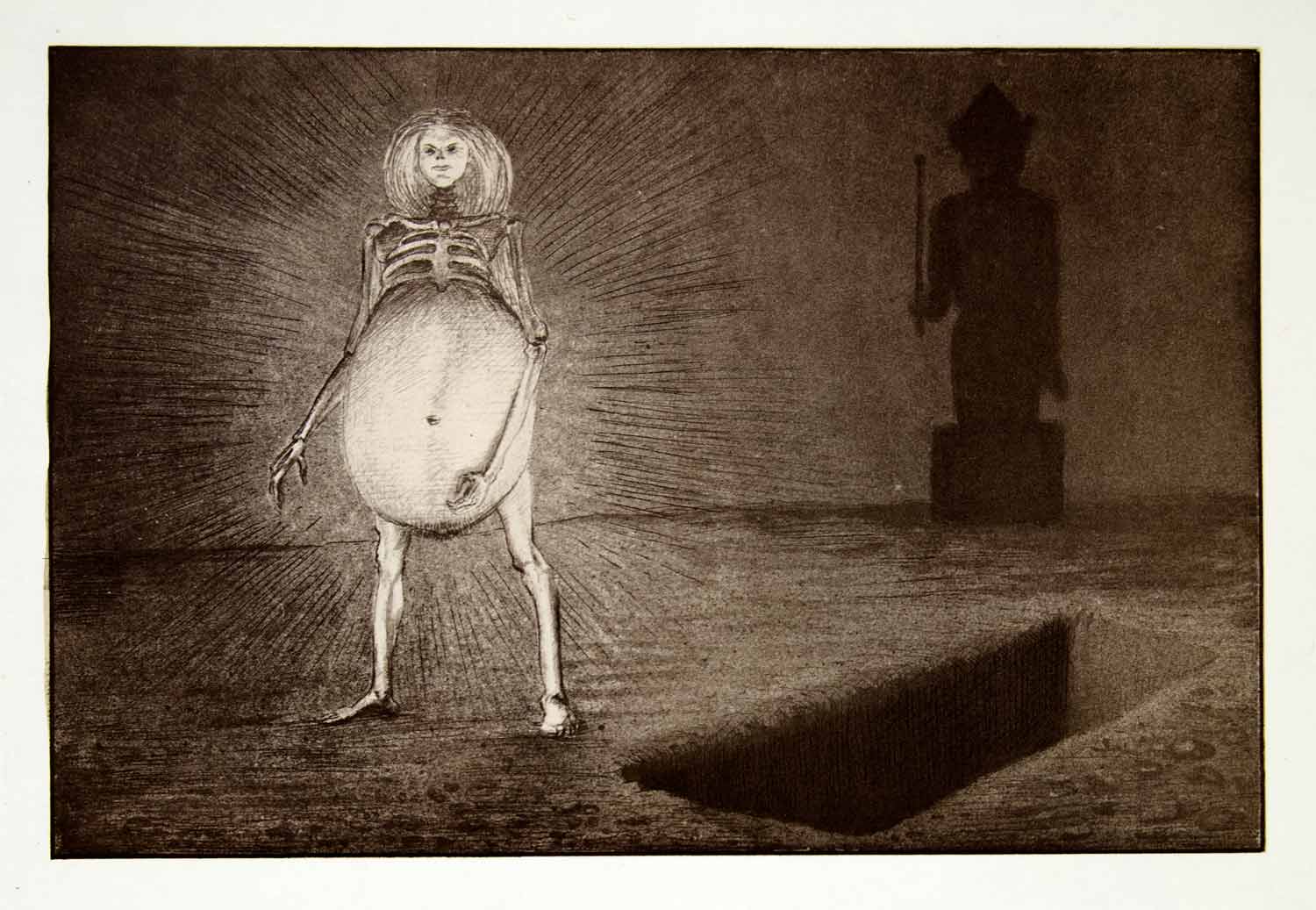 1969 Aquatone Print Alfred Kubin Nude Art Pregnant Skeleton Woman Grave XDG2
