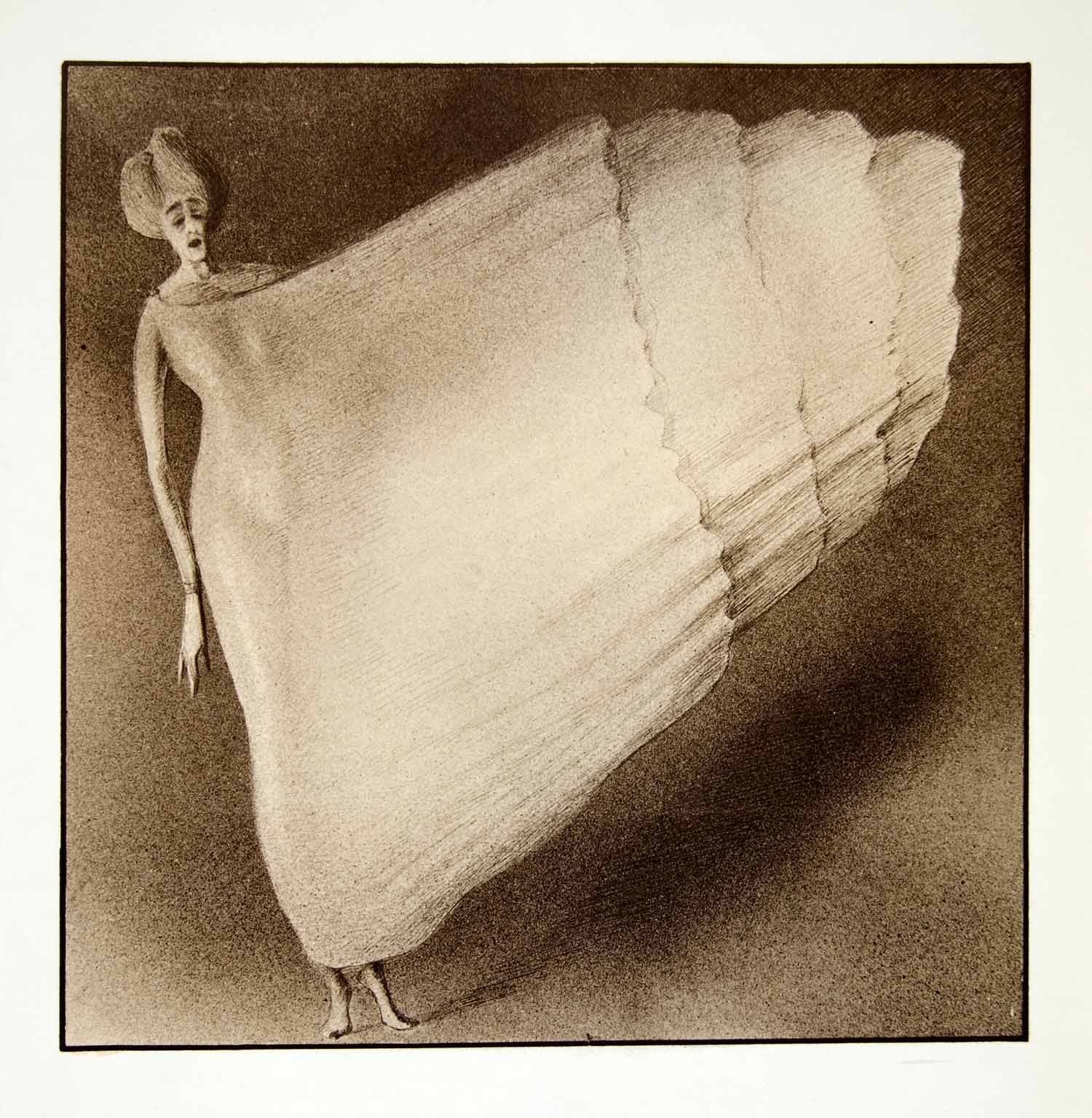 1969 Aquatone Print Alfred Kubin Art Elderly Dancer Woman Dress Female Form XDG2