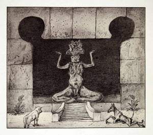 1969 Aquatone Print Alfred Kubin Art Naked God Genitalia Animal Worship XDG2