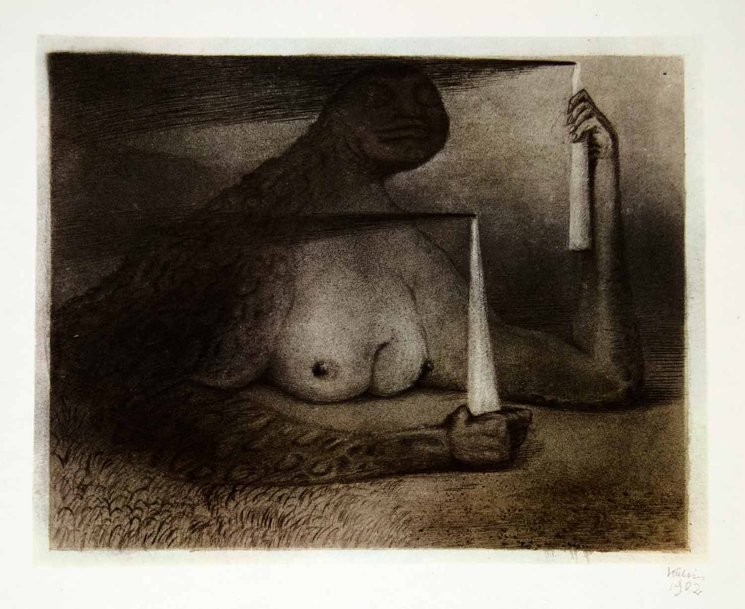 1969 Aquatone Print Alfred Kubin Art Mythical Beast Nude Naked Breasts XDG2