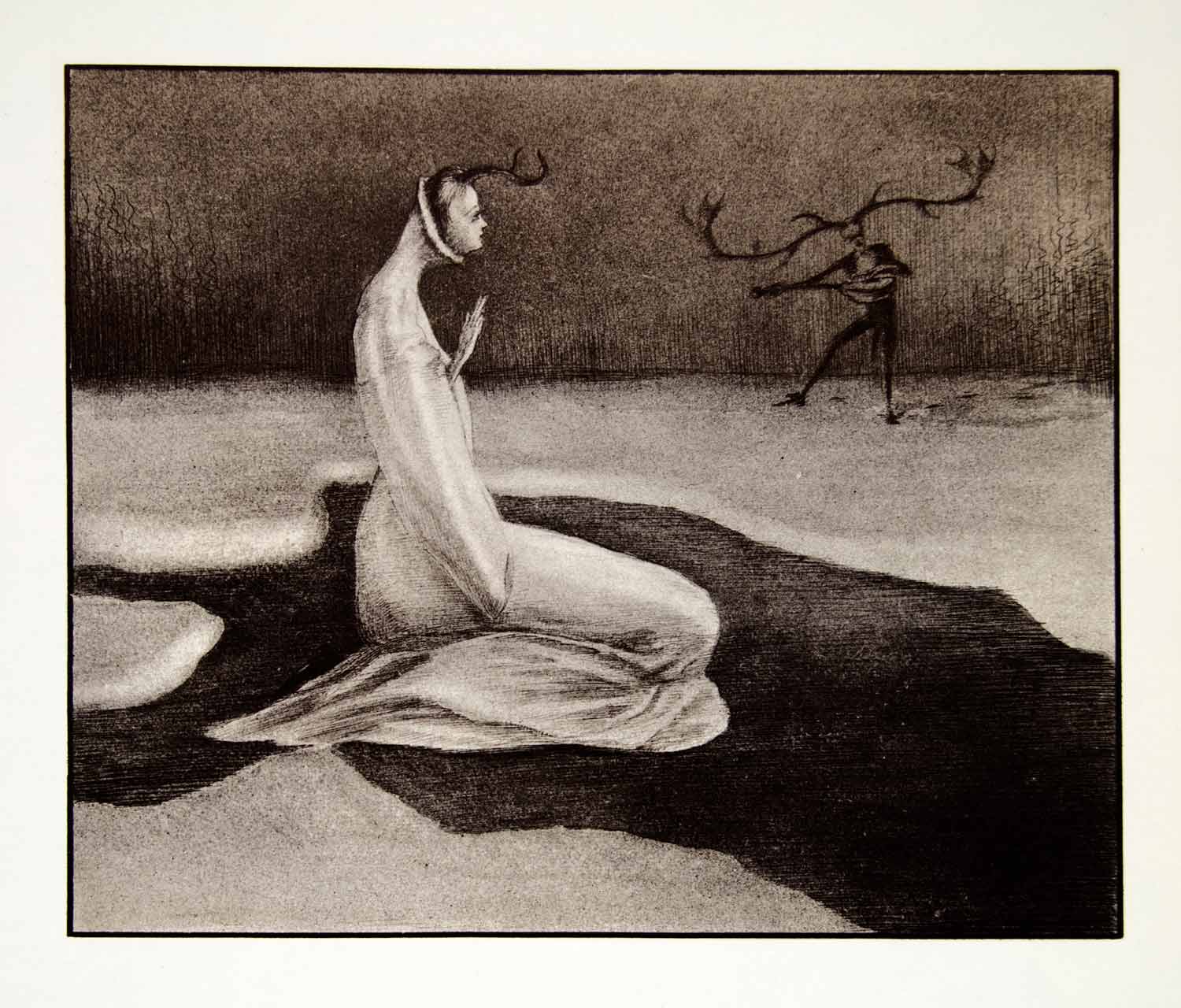 1969 Aquatone Print Alfred Kubin Art Mythical Lovers Serenade Wintertime XDG2