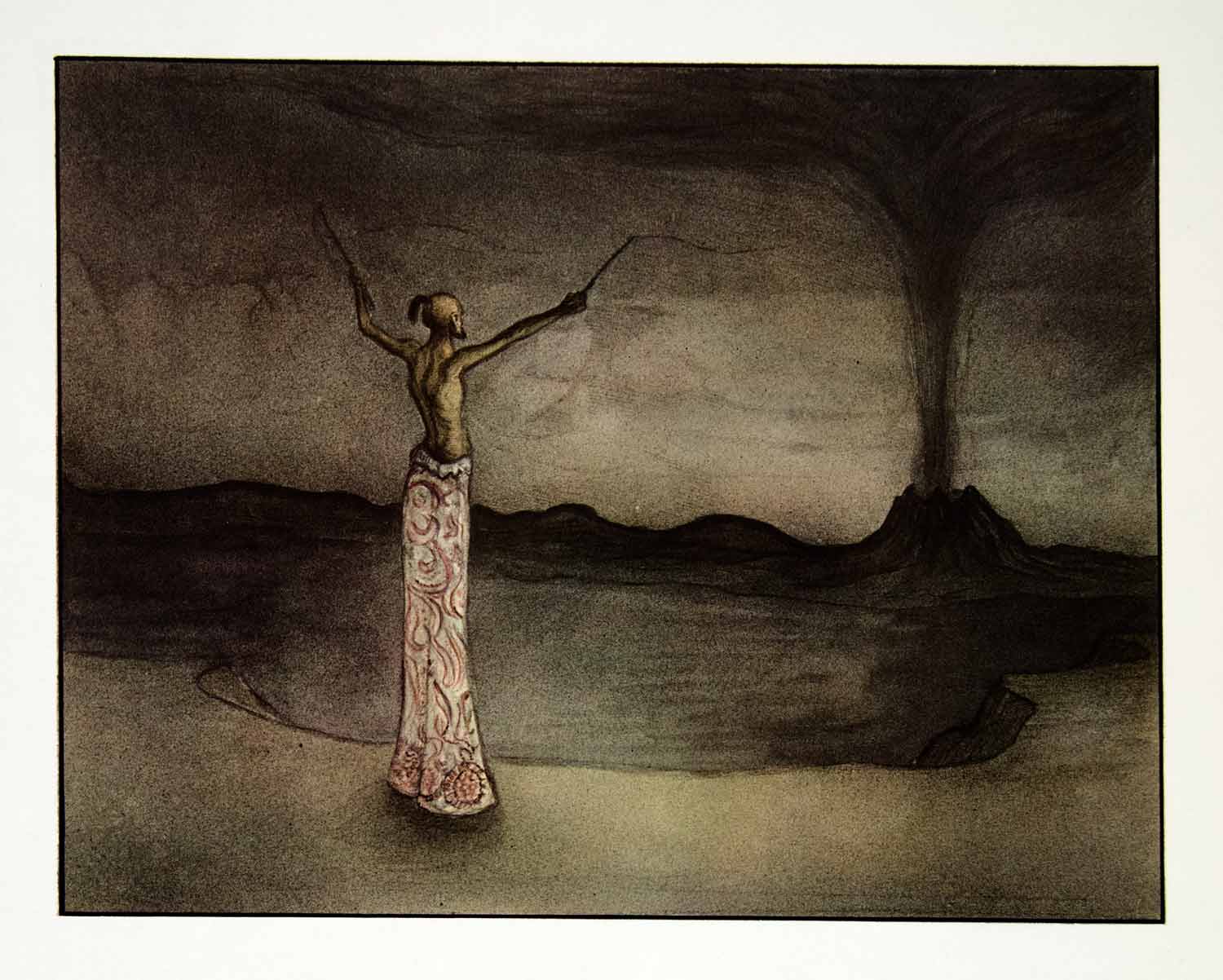 1969 Aquatone Print Alfred Kubin Art Volcano Wizard Witchcraft Mythical XDG2