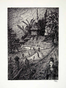 1969 Aquatone Print Alfred Kubin Art Bosnia Skeleton Church Cemetery XDG2