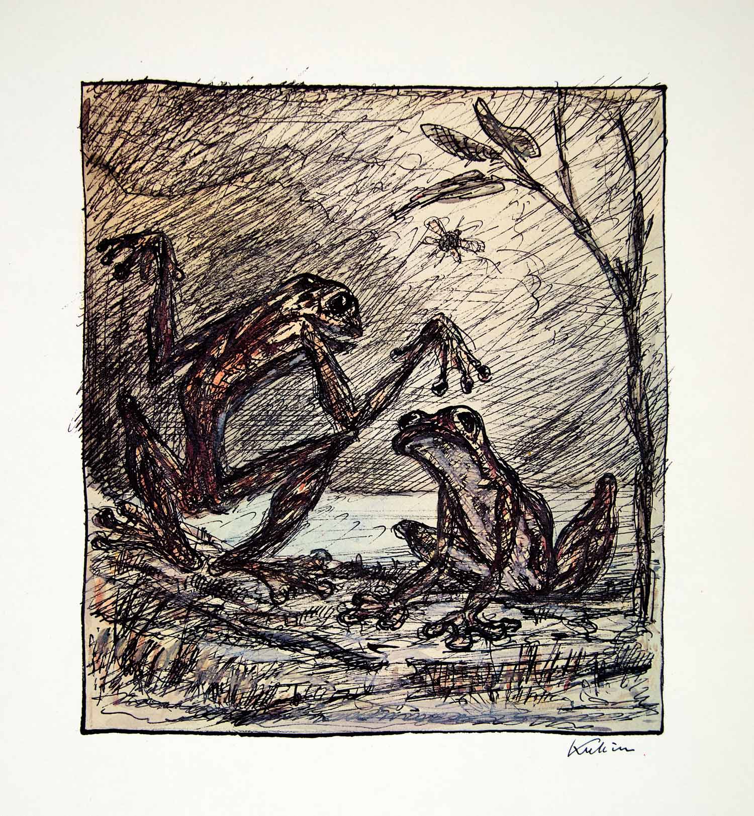 1969 Aquatone Print Alfred Kubin Modern Art Frogs Wildlife Flies XDG2