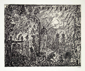 1969 Aquatone Print Alfred Kubin Artwork National Fete Pen Ink Cityscape XDG2