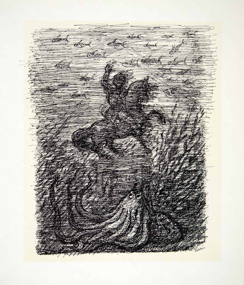 1969 Aquatone Print Alfred Kubin Art Sunken Ocean Treasure Equestrian XDG2