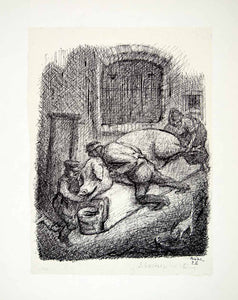 1969 Aquatone Print Alfred Kubin Art Pig Slaughter Butcher Farmers Hog XDG2