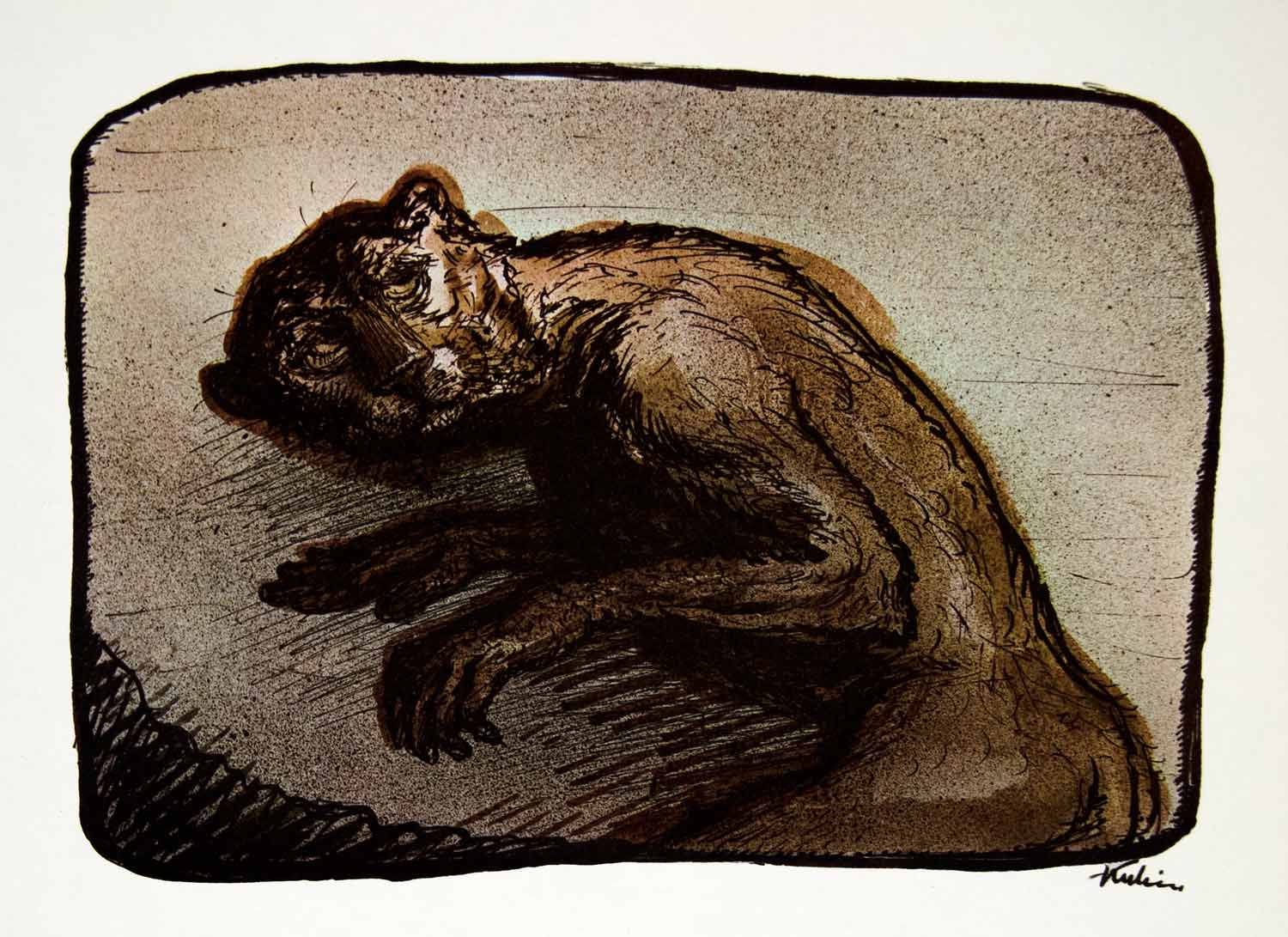 1969 Aquatone Print Alfred Kubin Art Cat Person Mythical Creature Beast XDG2