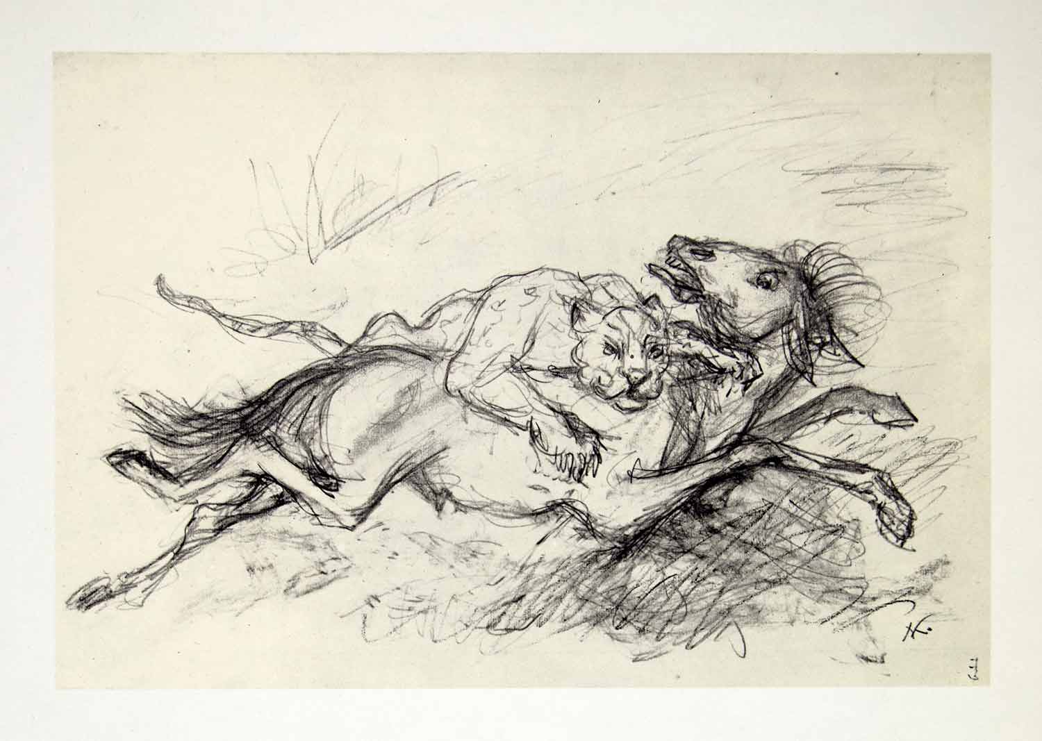 1969 Aquatone Print Alfred Kubin Art Jaguar Attacks Horse Wildlife Cruel XDG2