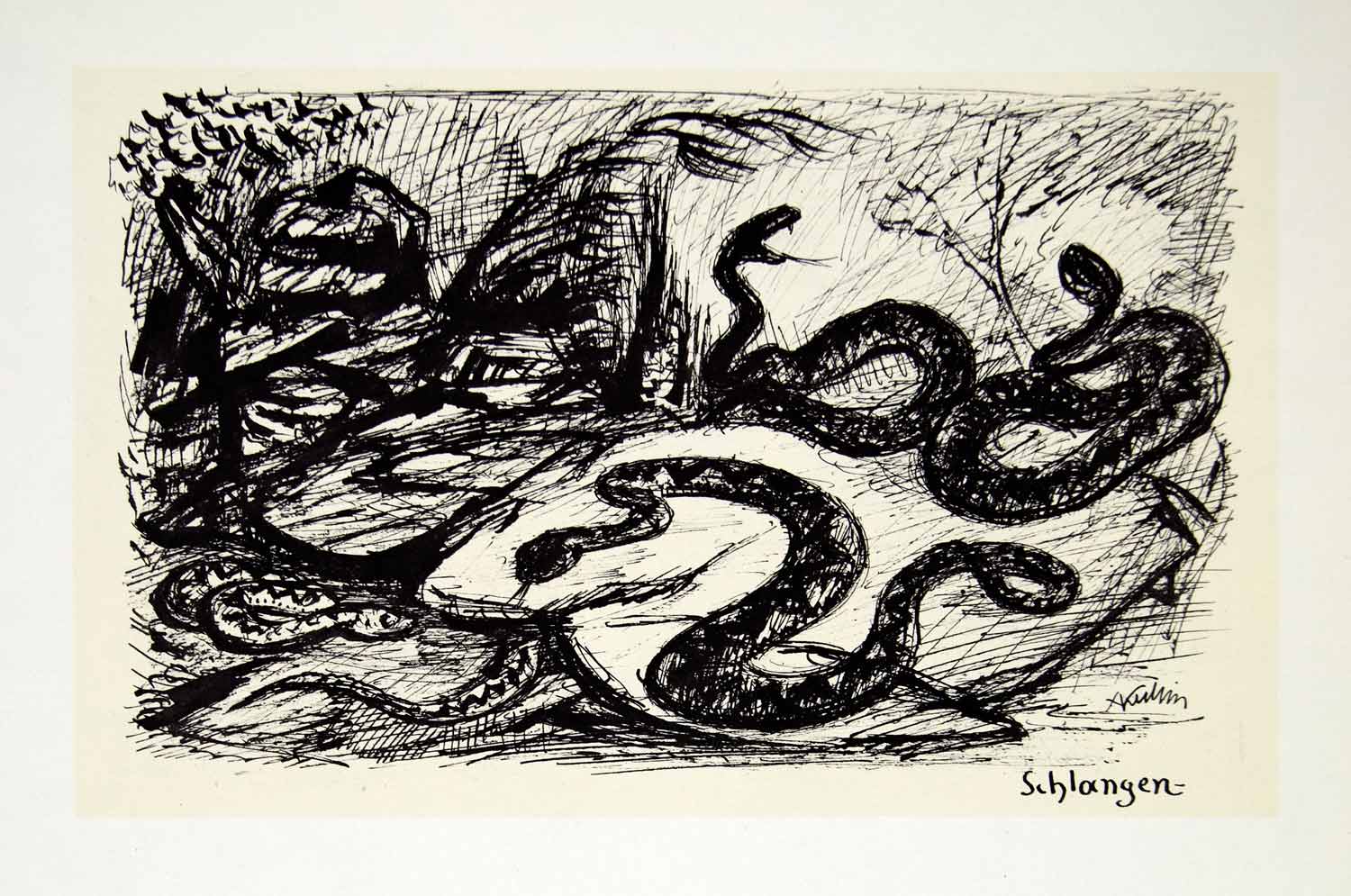1969 Aquatone Print Alfred Kubin Modern Art Snakes Serpents Hiss XDG2