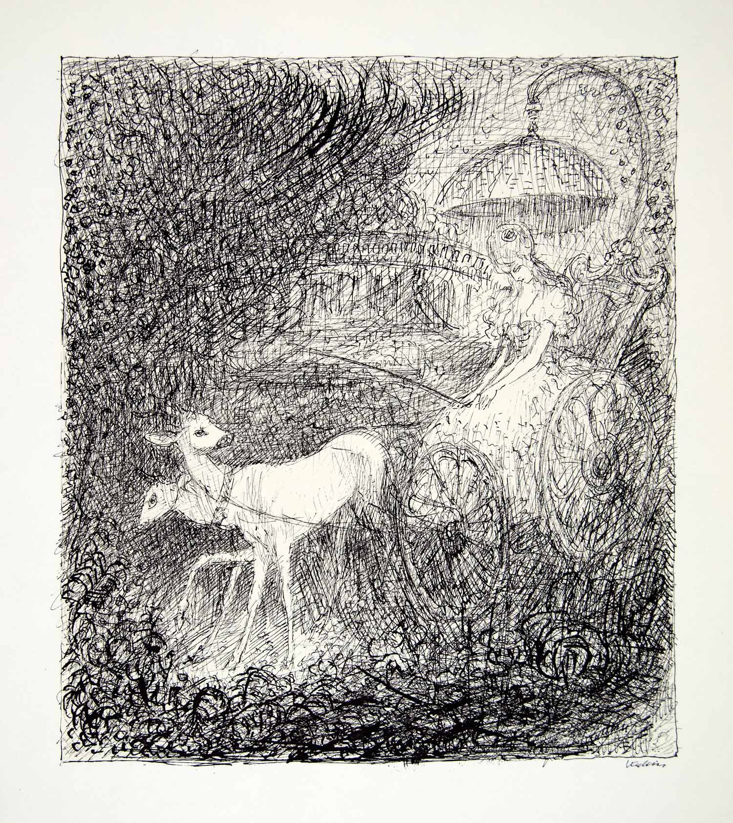 1969 Aquatone Print Alfred Kubin Modern Art Doe Deer Woman Chariot Carriage XDG2