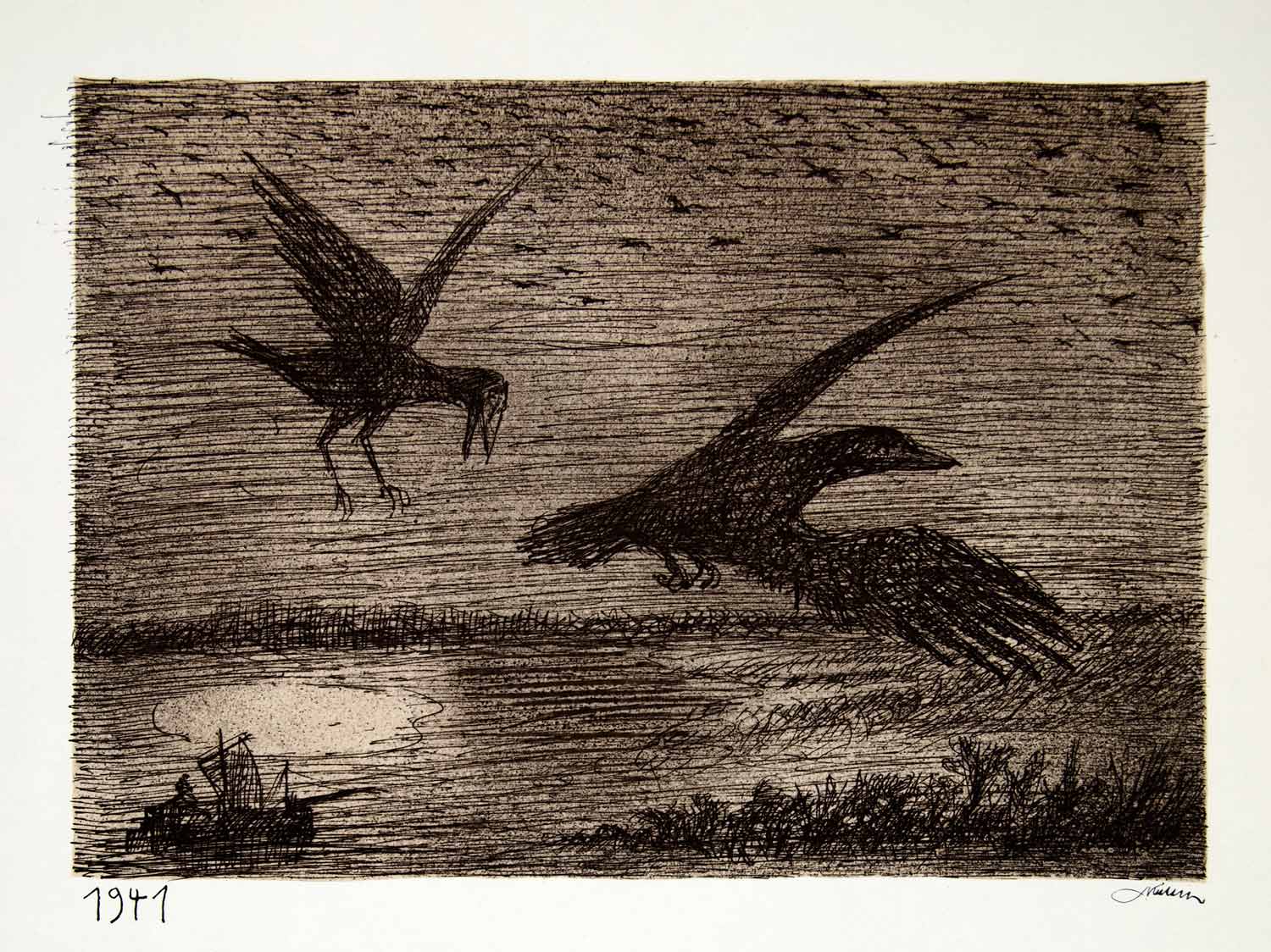 1969 Aquatone Print Alfred Kubin Wildlife Modern Art Ravens Birds Ship XDG2