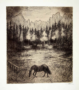 1969 Aquatone Print Alfred Kubin Art Horse Graze Landscape Lake Gleinker XDG2